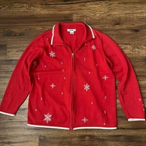 Vintage Red Christmas Holiday Zipup Sweater Snowflake Sequins Y2K Winter Retro‎